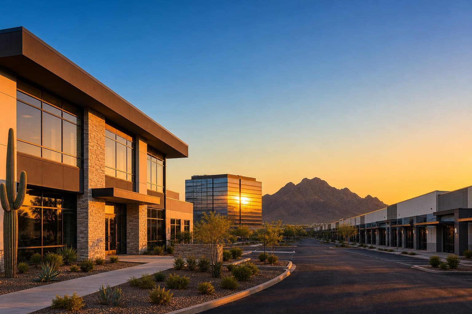 Phoenix–Scottsdale commercial campus at golden hour — office and industrial flex buildings against desert mountains
